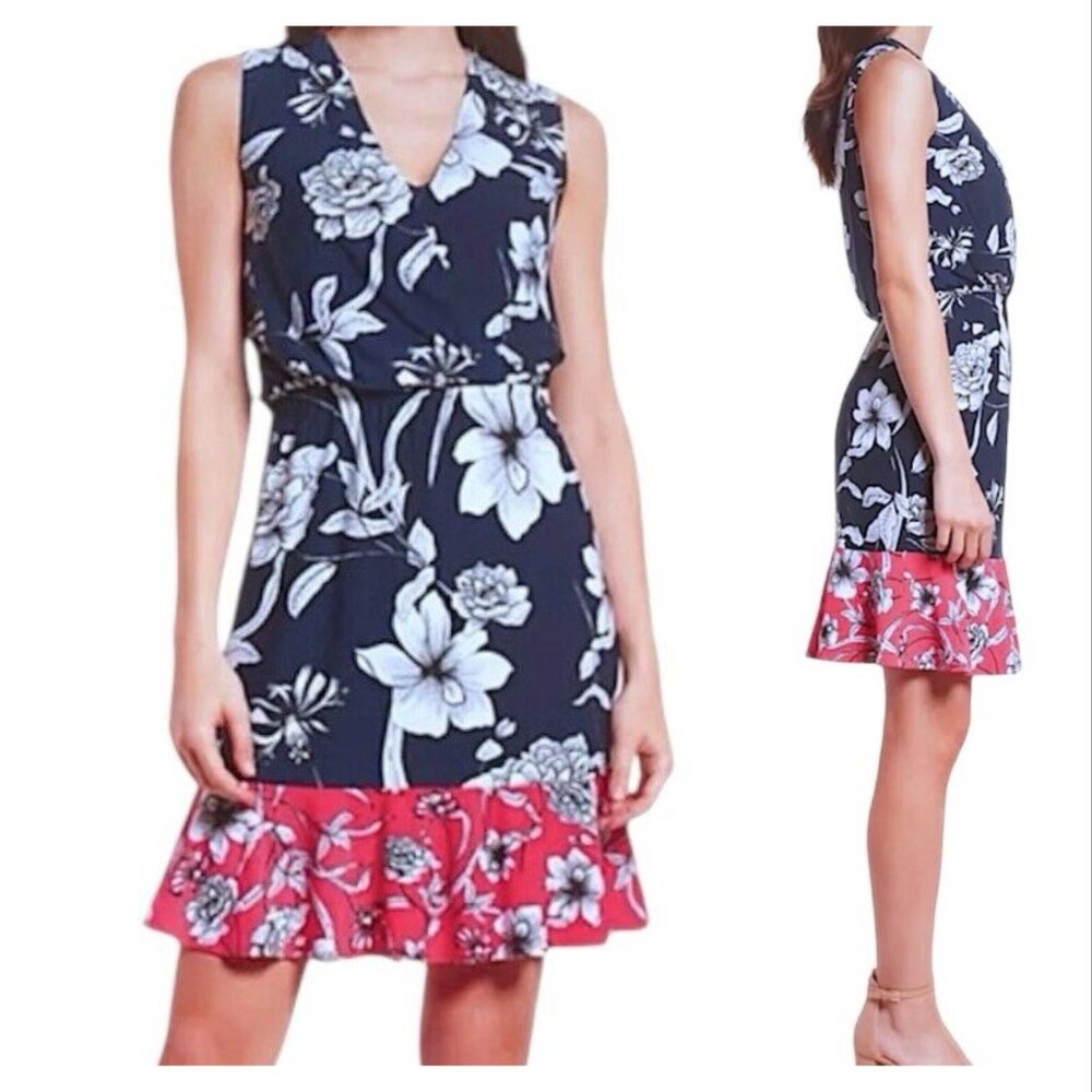 ELIZA J Floral Dress 6 Petite Navy Hot Pink White Island Tropical Color Block